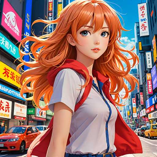 A vibrant, anime-style illustration of a young woman with long, flowing orange hair standing in the middle of a bustling city street. She's wearing a white collared shirt, a red hooded jacket, and blue jeans. Her expression is gentle and inviting, with large, expressive blue eyes looking directly at the viewer. The background features a vibrant cityscape with bright neon signs in Japanese, suggesting a bustling urban environment like Shibuya or Shinjuku. The overall style is detailed and colorful, with dynamic lighting that highlights the woman's features and clothing.