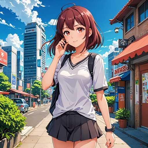 A young woman with brown hair and a white shirt is walking down the street while talking on her cell phone. She has a backpack on her shoulders and is wearing a skirt. The background features tall buildings and trees lining the street.