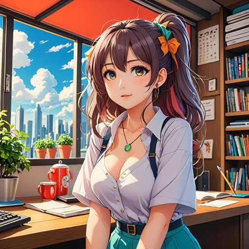 A young woman with long brown hair is sitting at a desk in an office setting. She is wearing a white blouse and green skirt, and has a large nose and bright eyes that give her a striking appearance. The desk is cluttered with various objects such as books, papers, and a coffee cup. A window behind the woman offers a view of a city skyline, adding to the urban atmosphere of the scene.