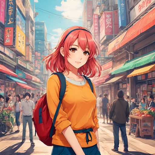 A vibrant, anime-style illustration of a young woman with bright red hair and large, expressive eyes standing in a bustling, colorful street market. She's wearing an orange long-sleeved shirt with a white undershirt, blue shorts, and a red backpack. She has a cheerful expression and is looking directly at the viewer. The background depicts a crowded street with various shops, colorful signs in Japanese script, and other people browsing the market. The overall style is detailed and anime-inspired, with a focus on bright colors and dynamic lighting.