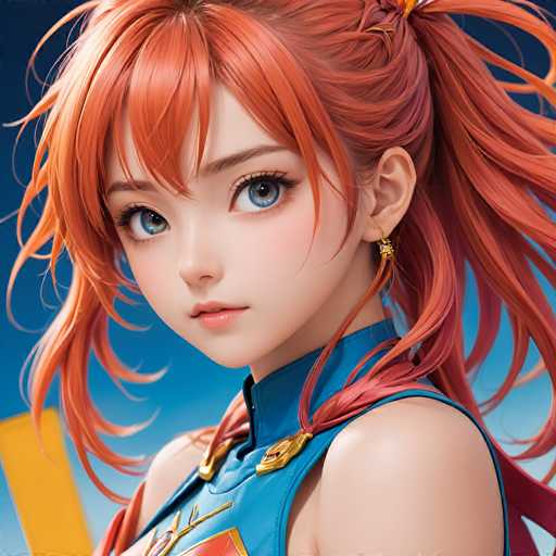 A detailed, high-quality digital painting of a young anime girl with vibrant orange hair styled in two high ponytails, wearing a blue and gold outfit. She has large, expressive blue eyes with delicate pink cheeks, and her expression is soft and slightly pensive. The background is a gradient of bright blue with subtle orange highlights, creating a dynamic and energetic atmosphere. The lighting is soft and diffused, highlighting the details of her face and clothing. Her pose is a close-up portrait, focusing on her face and upper body. The overall style is reminiscent of modern anime art with a focus on detailed textures and vibrant colors.