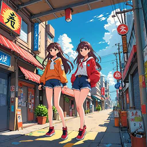 A vibrant, anime-style illustration of two young women walking down a bustling street in Japan. The scene is filled with colorful details, showcasing the charm of a traditional Japanese town. 

**Here's a breakdown of what to include:**

* **Characters:** Two young women, likely in their teens, with long, flowing brown hair. They should have a friendly and cheerful demeanor. 
* **Clothing:** Both girls are wearing school uniforms, with one in an orange jacket and blue shorts, and the other in a red jacket and blue shorts. 
* **Setting:** A narrow street lined with traditional Japanese shops, featuring bright red awnings and colorful signage. The buildings should have a slightly retro aesthetic.
* **Details:** Include details like vending machines, street signs in Japanese script, and a bright blue sky with fluffy white clouds. 
* **Style:** Emphasize the vibrant colors and detailed textures characteristic of anime art, with a focus on dynamic lighting. 

**Overall mood:** The illustration should evoke a sense of warmth, nostalgia, and the vibrant energy of Japanese street life.