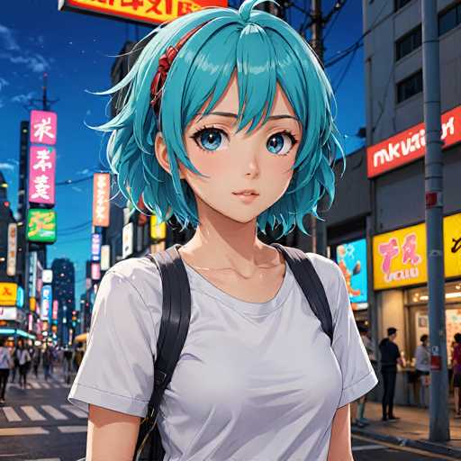A vibrant, anime-style illustration of a young woman with bright turquoise hair and large blue eyes standing on a bustling city street at night. She's wearing a white t-shirt and a black backpack, looking directly at the viewer with a gentle expression. The background is filled with colorful neon signs in Japanese, creating a lively and energetic atmosphere. The overall style is detailed and anime-inspired, with soft lighting and a focus on the character's expressive features.