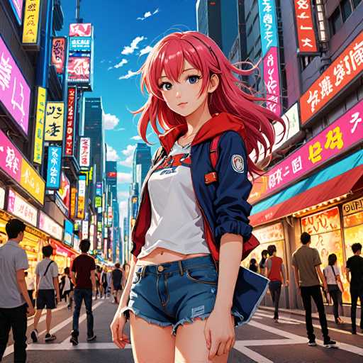 A vibrant, anime-style illustration of a young woman with bright pink hair standing in the middle of a bustling, neon-lit street in what appears to be Tokyo. She's wearing a white t-shirt, a blue and red jacket with a red hood, and denim shorts. Her expression is calm and she's looking directly at the viewer with large, expressive blue eyes. The background is filled with colorful, vertical neon signs in Japanese script and bright colors, creating a sense of energy and urban life. People are walking on either side of the street in the background, adding to the bustling atmosphere. The overall style is detailed and colorful, typical of anime art.