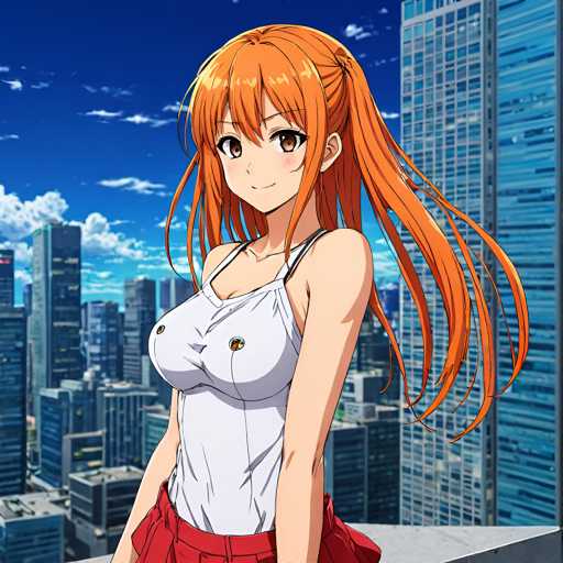 A woman with long orange hair is standing on a rooftop overlooking a cityscape of tall buildings and blue sky. She is wearing a white tank top and red skirt.