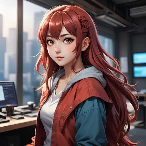 A young girl with long red hair is standing in front of a window that offers a view of the city skyline. She is wearing a white shirt and a red jacket over it. The background features a desk with a computer monitor on top and a keyboard nearby.