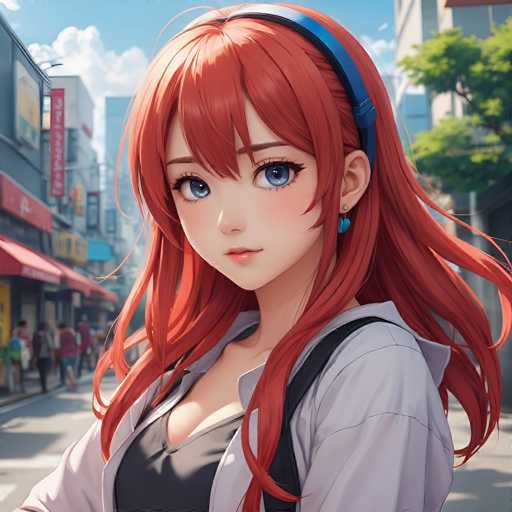 A detailed, high-quality anime-style portrait of a young woman with vibrant red hair. She has large, expressive blue eyes and fair skin. Her hair is styled in a long, flowing manner with bangs framing her face. She's wearing a white shirt over a black top and has a blue headband on her head. A dark backpack is slung over her shoulders. The background shows a blurred city street scene with shops and people, suggesting she's in an urban environment. The overall lighting is soft and natural, highlighting her features.
