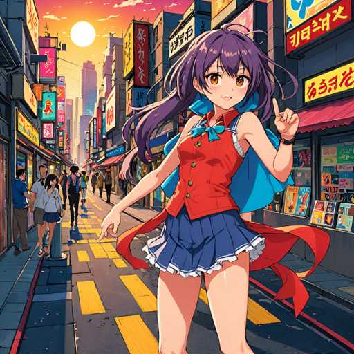 A vibrant, anime-style illustration of a young girl standing on a bustling city street. She has long, purple hair with a light blue ribbon tied around it, and she's wearing a red vest over a white shirt, a short blue pleated skirt with a white trim, and a light blue cape. She's looking directly at the viewer with a cheerful smile and has one hand raised, pointing in that direction. 

The background depicts a lively city street with brightly lit shops and neon signs, typical of an urban setting. The buildings are tall and colorful, with various Japanese-style signage in different languages. People are walking on the sidewalks and crossing the street, adding to the dynamic atmosphere. The sky is a warm orange-pink with a large, bright sun setting in the background. 

The overall style is detailed and colorful, with a focus on vibrant colors and dynamic lighting to create a lively and engaging scene. The girl's pose and expression convey a sense of energy and enthusiasm, making the image feel inviting and cheerful.
