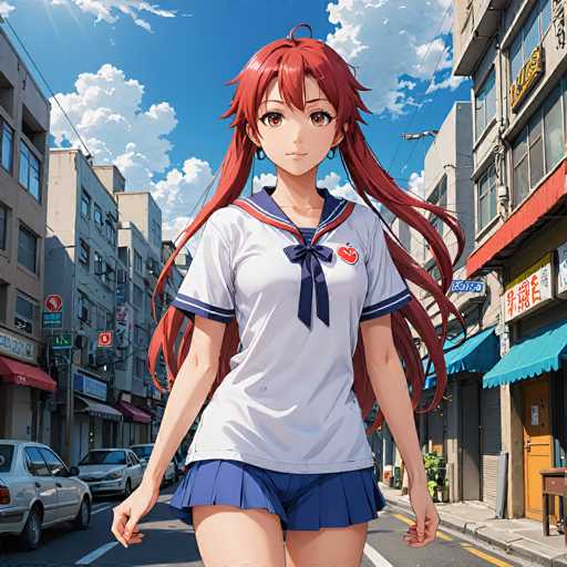 A young anime girl with long, flowing red hair and a cheerful expression stands confidently on a city street. She's wearing a white sailor-style uniform with blue accents, including a navy blue sailor collar and a matching skirt. A red heart emblem is visible on the chest of her shirt. Her eyes are large and expressive, with a warm brown color. She's looking directly at the viewer with a slight smile. The background shows a vibrant, sunny city street with colorful storefronts and buildings lining the sidewalk. Cars are parked on the side of the road, and a bright blue sky with fluffy white clouds fills the upper portion of the image. The overall style is detailed and anime-inspired, with a focus on bright colors and dynamic lighting.