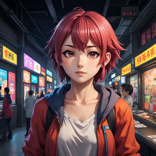 A young anime girl with vibrant red hair, wearing a bright orange jacket over a white t-shirt and a grey hoodie, stands in a bustling convenience store. She looks directly at the viewer with large, expressive red eyes and a gentle smile. The background is filled with brightly lit convenience store shelves displaying various snacks, drinks, and other items. Other people can be seen browsing the aisles in the background, creating a lively atmosphere. The overall style is detailed and vibrant, with a focus on capturing the character's youthful charm and the energetic environment of the convenience store.
