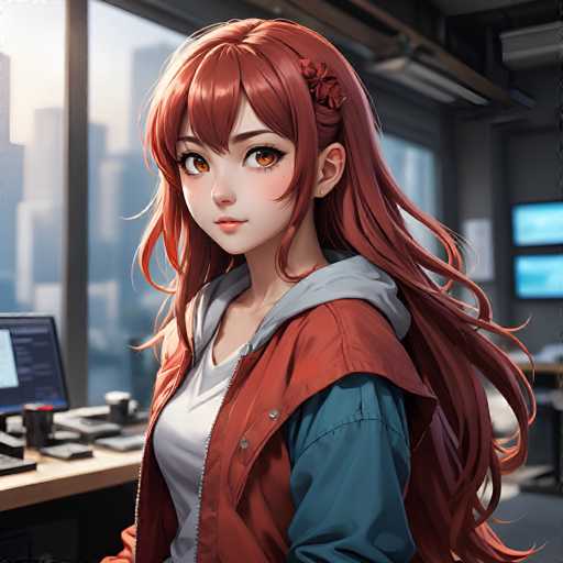 A detailed, high-quality digital painting of a young anime girl with long, flowing red hair and large, expressive brown eyes. She has a warm smile and is wearing a casual outfit consisting of a white t-shirt, a red jacket with blue sleeves, and a gray hoodie. She's positioned in front of a computer workstation with a monitor displaying data, suggesting she might be working or gaming. The background shows a blurred cityscape through a large window, giving the impression of an indoor setting with a modern aesthetic. The overall lighting is soft and natural, highlighting her features and the details of her clothing. Her hair has a subtle highlight effect, adding depth to the image. The style is reminiscent of contemporary anime art, with a focus on detailed textures and vibrant colors.