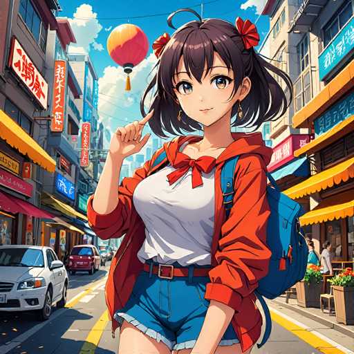A vibrant, anime-style illustration of a young woman standing on a bustling city street. She has short, dark brown hair with a red bow, large expressive blue eyes, and is wearing a white t-shirt with a red bow, a bright orange hooded jacket, and blue denim shorts. She's wearing a blue backpack and has one hand playfully touching her chin, while the other is gesturing towards something in the distance. The street is lined with colorful shops and storefronts, many displaying Japanese signage. A red lantern hangs in the sky above her, adding to the lively atmosphere. Cars are driving on the street, and other people can be seen walking in the background. The overall style is detailed and colorful, with a focus on bright lighting and dynamic composition.