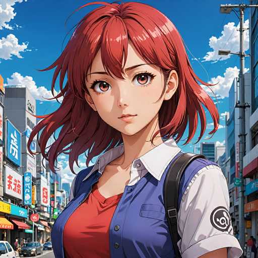 A detailed, vibrant anime-style illustration of a young woman with bright red hair and large, expressive eyes. She's wearing a school uniform consisting of a white collared shirt, a blue jacket with a white collar and pockets, and a red t-shirt underneath. She has a black backpack slung over her shoulders and is looking directly at the viewer with a slightly confident expression. The background features a bustling city street scene with colorful storefronts and bright blue skies, typical of an anime aesthetic. The overall style is highly detailed and uses soft lighting to highlight the character's features.