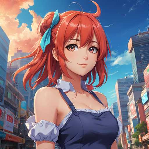 A vibrant anime-style illustration of a young woman with bright red, voluminous hair styled in a high ponytail secured with a teal ribbon. She has large, expressive brown eyes and a gentle smile. She's wearing a dark blue sailor-style dress with white ruffled accents on the shoulders and a matching teal ribbon at her neck. The background is a bustling city street with tall buildings, colorful signs, and a bright blue sky with fluffy clouds. The overall style is detailed and anime-inspired, emphasizing soft lighting and a slightly stylized perspective.