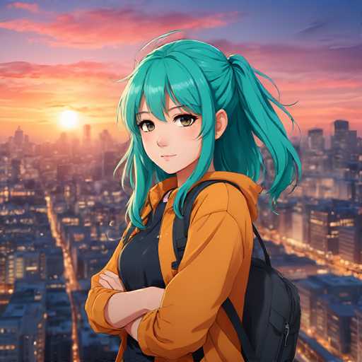 A vibrant anime-style illustration of a young woman with bright teal hair, wearing an orange hooded jacket and a dark blue shirt, standing confidently with her arms crossed. She's looking directly at the viewer with a gentle smile and large, expressive eyes. Behind her is a breathtaking cityscape at sunset, with warm orange and pink hues in the sky and city lights beginning to glow. The overall style is detailed and colorful, with a focus on soft lighting and dynamic hair flow.