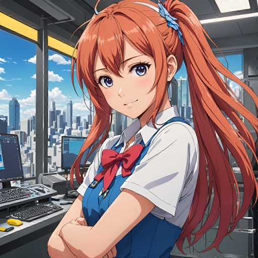 A young anime girl with vibrant orange hair, wearing a blue sailor-style uniform over a white shirt and a red bow tie, leans against a desk in what appears to be a control room. She has large, expressive purple eyes and a gentle smile, looking directly at the viewer with her arms crossed. The background shows a bright cityscape with tall buildings and a blue sky, suggesting she might be working in a broadcasting or gaming control center. The overall style is detailed and colorful, typical of anime art.