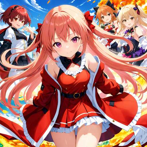 The image shows four girls with long hair and red dresses standing together against a blue sky backdrop. The girl on the left is wearing a black dress and has her hair styled in pigtails. In the center of the group, there's another girl who appears to be the focal point due to her striking red hair and elegant red dress. To her right, there's a third girl with long blonde hair also dressed in a red outfit. The fourth girl on the far right is wearing a black dress as well.