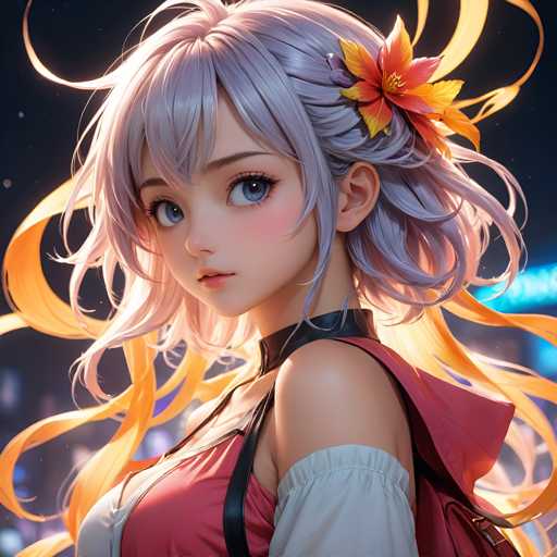 The image shows a close-up portrait of a young woman with long blonde hair and blue eyes. She is wearing a red dress that contrasts with her light skin tone. The background features a dark blue sky with white clouds, creating an ethereal atmosphere. A yellow flower adorns the woman's hair, adding a touch of whimsy to the scene.