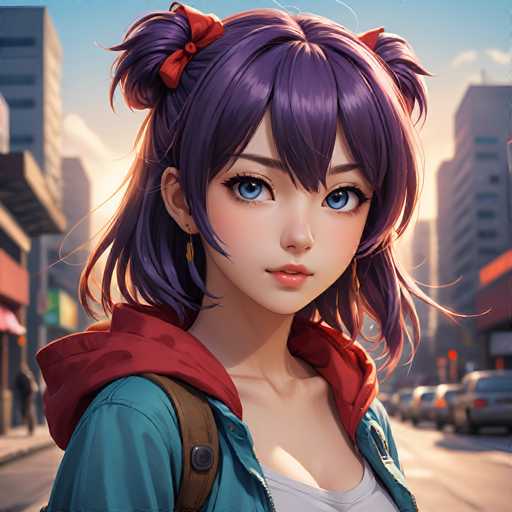 A detailed, high-quality digital painting of a young anime girl with vibrant purple hair styled in two high pigtails adorned with red ribbons, wearing a teal jacket with a bright red hood and a white shirt underneath. She has large, expressive blue eyes with delicate pink highlights, and her skin is fair with a subtle rosy blush. She's wearing small gold hoop earrings and has a brown backpack slung over her shoulders. The background is an urban street scene with blurred buildings and cars, bathed in a warm, golden light suggesting either sunrise or sunset. The overall style is reminiscent of modern anime art with a focus on soft lighting and detailed textures, creating a slightly dreamy and youthful atmosphere. The girl is looking directly at the viewer with a gentle, inviting expression.