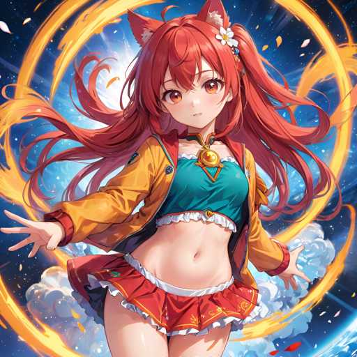 A young girl with red hair and a green shirt stands in front of a blue planet against a backdrop of orange flames.