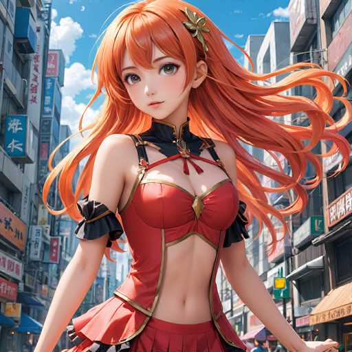 A vibrant, detailed anime-style illustration of a young woman with long, flowing orange hair and large, expressive eyes. She's wearing a stylish red and black outfit with gold accents, reminiscent of a fantasy or historical Japanese aesthetic. The background features a bustling street scene with traditional-looking buildings and colorful signs, suggesting a vibrant city. The overall style is highly detailed and painterly, with soft lighting and a focus on the character's dynamic pose.