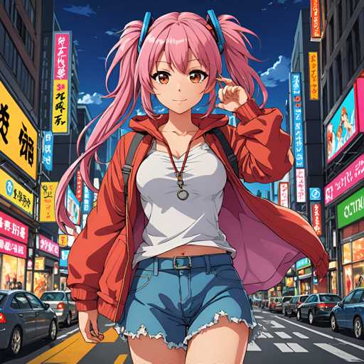 A young girl with pink hair and a red jacket is walking down a busy city street lined with tall buildings and neon signs. She has blue shorts on and carries a backpack over her shoulder.