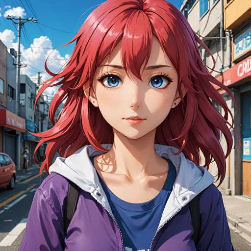A detailed, high-quality digital painting of a young anime girl with vibrant red hair and bright blue eyes. She's wearing a purple hooded jacket with a white inner lining, over a dark blue t-shirt. A black backpack is slung over her shoulders. She's standing on a city street, looking directly at the viewer with a gentle, slightly shy expression. The background shows a bustling urban scene with buildings, power lines, and a clear blue sky with fluffy white clouds. The overall style is anime-inspired, with soft lighting and detailed textures in the hair and clothing. The image has a slightly stylized, digital art feel.