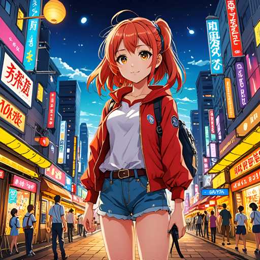 The image depicts a young girl walking down a busy city street at night. She is wearing a red jacket and blue shorts, carrying a backpack on her shoulders. The background shows the bright lights of the city, including neon signs and buildings that are illuminated against the dark sky.
