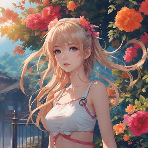 A beautiful anime girl with long, flowing blonde hair adorned with pink and orange flowers is standing in a vibrant garden. She has large, expressive blue eyes and a gentle smile. She's wearing a white crop top with pink accents and a matching pink skirt, all in a summery style. The background is filled with lush greenery and colorful flowers, creating a serene and idyllic atmosphere.
