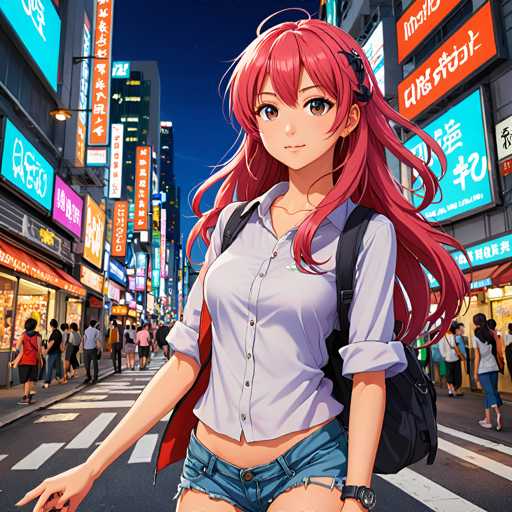 The image depicts a young woman with long red hair walking down a busy city street at night. She is wearing a white shirt and blue jeans, carrying a black backpack on her shoulders. The background shows the bright lights of the city, including neon signs for various shops and restaurants.