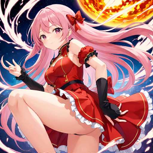 A digital illustration of a young anime girl with long, flowing pink hair and large, expressive eyes. She's wearing a vibrant red maid outfit with black accents, including a frilly white trim on the skirt and black gloves. Her pose is dynamic, with one hand raised as if gesturing or making a magical gesture, and the other resting on her thigh. The background is a swirling, cosmic scene with a bright orange and yellow celestial body partially visible behind her. The overall style is detailed and vibrant, typical of anime art.
