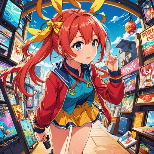 A vibrant anime-style illustration of a young girl with bright red hair, wearing a school uniform jacket and skirt. She's standing in a bustling street filled with various anime merchandise shops, all depicted as colorful posters and displays. The girl has a cheerful expression, looking up with one finger pointed upwards, as if she's excited about something. The background features a bright blue sky with fluffy clouds and stylized buildings, creating a lively and energetic atmosphere. The overall style is reminiscent of modern anime art with detailed textures and vibrant colors, emphasizing a sense of fun and enthusiasm.