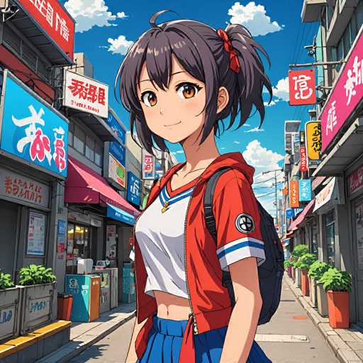 A vibrant, anime-style illustration of a young girl standing in a bustling Japanese street. She has short, dark brown hair with a red hair tie, large expressive eyes, and is wearing a white cropped t-shirt, a red jacket with blue accents, a blue skirt, and a dark backpack. She's looking over her shoulder with a gentle smile. The street is lined with colorful shops, each with bright signage in Japanese characters and vibrant awnings. There are potted plants lining the sidewalk, and a blue sky with fluffy white clouds fills the background. The overall style is detailed and colorful, typical of modern anime art.