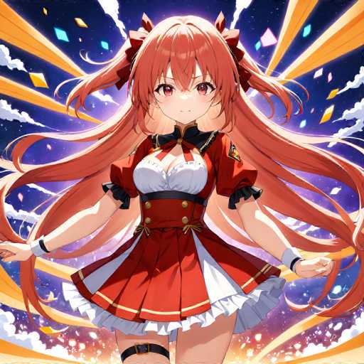 A vibrant anime-style illustration of a young girl with long, flowing red hair and large, expressive eyes. She's wearing a detailed red and white uniform with gold accents, including a frilly skirt and a high-necked collar. Her pose is dynamic, with her arms outstretched as if ready to unleash energy or perform a magical action. The background is a burst of colorful energy, with streaks of orange and purple light emanating from behind her, surrounded by sparkling particles. The overall style is bright, energetic, and fantastical, typical of anime character art.