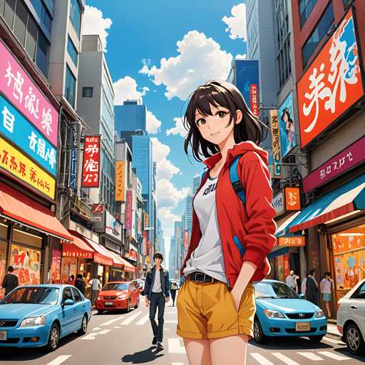 The image depicts a bustling city street scene with tall buildings lining both sides and colorful signs advertising various businesses. A young woman stands confidently on the sidewalk, wearing a red jacket and yellow shorts, holding her purse in one hand while looking directly at the camera with an engaging smile. The street is filled with cars of different colors parked along the side, and people can be seen walking or standing near the buildings.