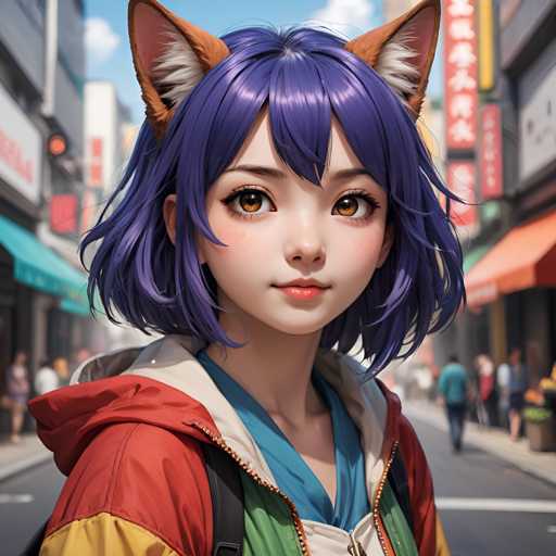 The image shows a young girl with long hair and a colorful jacket standing on the sidewalk of an urban street. She is looking directly at the camera with a smile on her face. The background includes buildings and signs, suggesting that she is in a city setting.