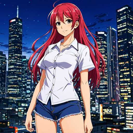 A woman with long red hair and a white shirt stands on a rooftop at night, facing the camera with her arms crossed confidently against a backdrop of tall buildings illuminated by bright lights.