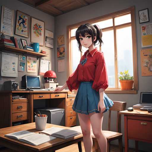 A young girl with black hair and a red shirt stands in front of a desk that has a laptop on it. The desk is cluttered with papers and books, suggesting she may be studying or working from home. A plant sits to her right, adding a touch of nature to the room.