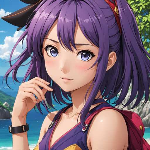 A detailed, high-quality digital painting of a young anime girl with vibrant purple hair, wearing a purple and yellow sleeveless top and a red backpack. She has large, expressive blue eyes with pink blush marks on her cheeks. Her hair is styled in a slightly messy, voluminous fashion, and she's wearing a black wristband. She has one hand gently touching her chin in a thoughtful pose, and the background features a sunny beach scene with blue water, white sand, and green foliage. The overall style is reminiscent of a modern anime illustration with soft lighting and detailed shading, emphasizing the character's youthful and slightly dreamy appearance.