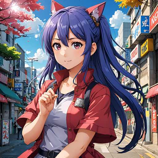 A vibrant anime-style illustration of a young woman with long, flowing blue hair and large pink eyes. She has cat-like ears on her head and is wearing a red jacket over a white shirt, with a dark gray backpack slung over her shoulders. She's standing on a bustling city street, with colorful storefronts and cherry blossom trees lining the sidewalks. The background is bright and sunny, with a clear blue sky and fluffy white clouds. She has a gentle smile on her face and is looking directly at the viewer, creating a welcoming and friendly impression. The overall style is detailed and colorful, with soft lighting that enhances the character's features.