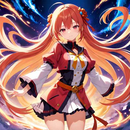 A young girl with long blonde hair and red hair is standing against a backdrop of blue and purple clouds. She is wearing a red dress with gold accents and a black belt cinched at the waist. The girl has her arms outstretched in front of her, as if she's about to take flight or reach for something.