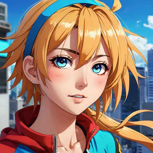 The image shows a close-up portrait of a young girl with blonde hair and blue eyes wearing a red and white striped shirt and a blue headband. The background is blurred, suggesting an urban setting, possibly a cityscape or a busy street.