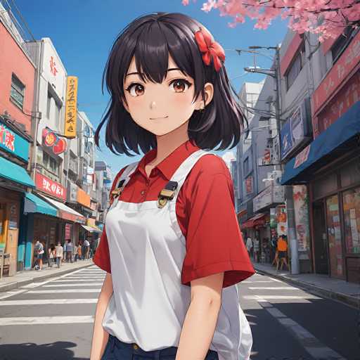 A young anime girl with short, dark hair and brown eyes stands in the middle of a bustling street. She's wearing a red short-sleeved shirt, a white bib apron, and blue jeans. A red bow is tied in her hair. She's looking directly at the viewer with a gentle smile, and her expression is friendly and inviting. The background shows a vibrant street scene with colorful shops on either side, people walking in the distance, and bright blue skies. The overall style is reminiscent of a digital painting with a focus on detailed textures and soft lighting, creating a charming and lively atmosphere.