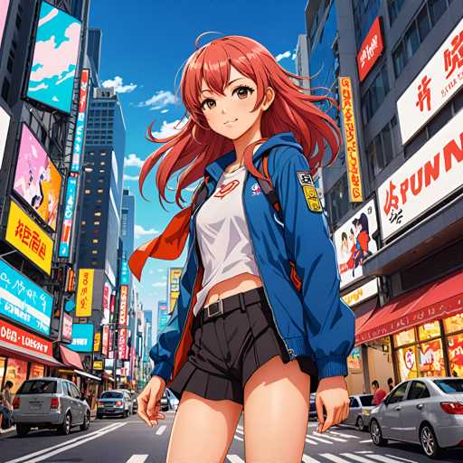 The image depicts a young woman with long red hair walking down a busy city street. She is wearing a blue jacket and black shorts, carrying a backpack on her shoulders. The background shows tall buildings and various advertisements, creating an urban atmosphere.