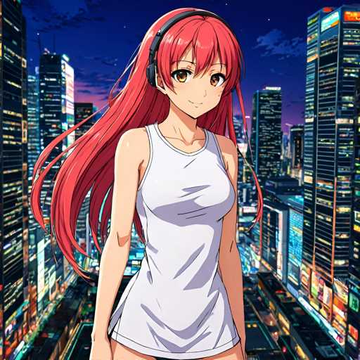 A young girl with long red hair is standing against a backdrop of tall buildings and neon lights, wearing a white tank top and black headphones.