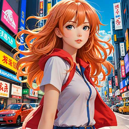The image depicts an orange-haired girl with a red jacket and white shirt standing on the sidewalk of a busy city street. She is looking directly at the camera with a serious expression. The background shows tall buildings filled with various signs in different languages, indicating a diverse urban setting.