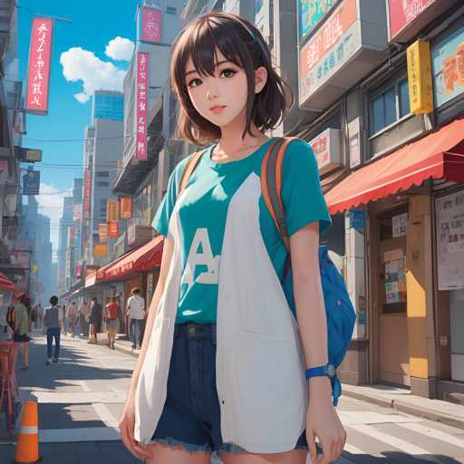 A young girl with brown hair and a green shirt stands on a city street, holding a blue backpack and wearing a white jacket over her denim shorts. The buildings lining the street have red awnings and signs in Chinese characters, suggesting an urban setting.