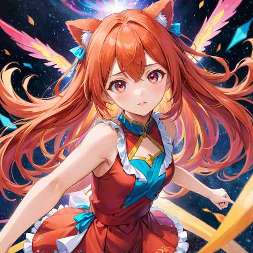 A detailed, vibrant digital painting of a young anime girl with long, flowing orange hair and large, expressive red eyes. She has fox ears atop her head and wears a red and blue outfit with white frills, adorned with golden accents. Her expression is determined yet gentle, looking directly at the viewer. The background is a swirling, cosmic scene with vibrant blue and pink energy effects, suggesting a magical or fantastical setting. The overall style is reminiscent of anime art with a focus on dynamic lighting and detailed textures, creating a captivating and visually appealing image.