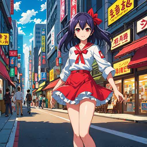 A vibrant, anime-style illustration of a young girl in a school uniform walking down a bustling city street. The girl has dark purple hair, large expressive eyes with rosy cheeks, and is wearing a white sailor-style shirt with red accents, a pleated red skirt, and a large red bow. She's carrying a small backpack over her shoulder and has a cheerful, slightly confident expression. The street is lined with colorful storefronts displaying various goods, and there are other people walking in the background. The overall style is bright, detailed, and full of energy, typical of anime art.