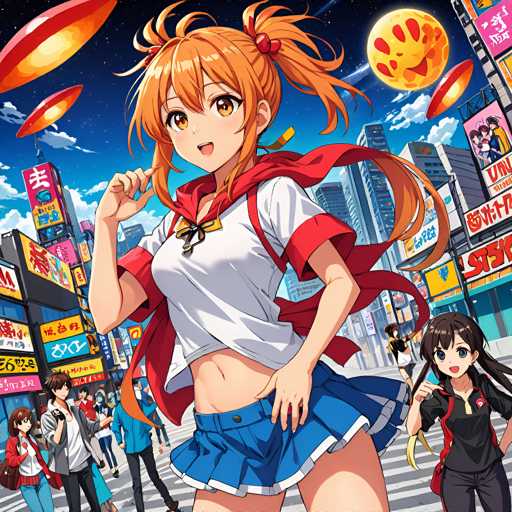 The image depicts an anime character with a red and white striped shirt and blue skirt standing on a street corner surrounded by other characters from the same series. The character is wearing a backpack and has a large smile on their face as they look directly at the camera.
